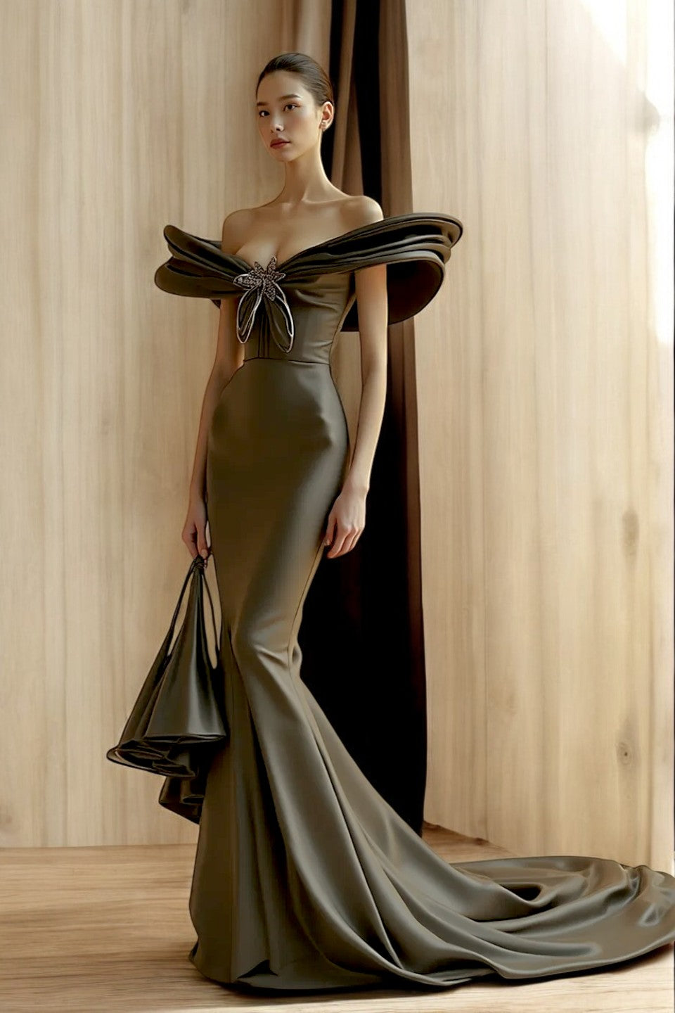 Sculpted-Sleeve Off Shoulder Gown