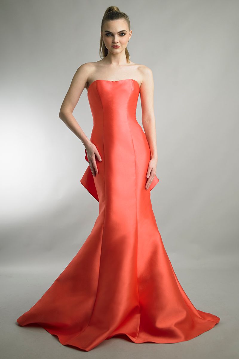Strapless Flared Gown with Back Ruffles