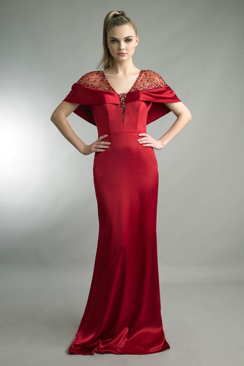 Embellished Shoulder Cape Sleeve Gown