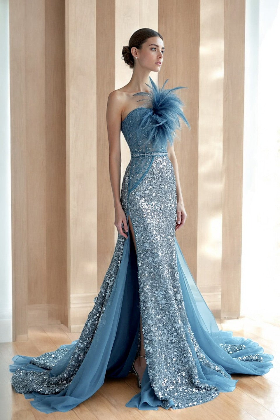 Feathered Strapless Slit Gown