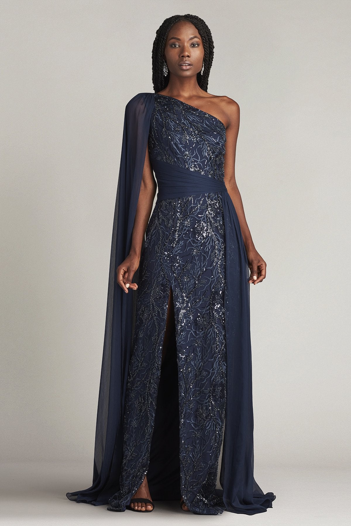 Ada Beaded One Shoulder Cape Sleeve Gown