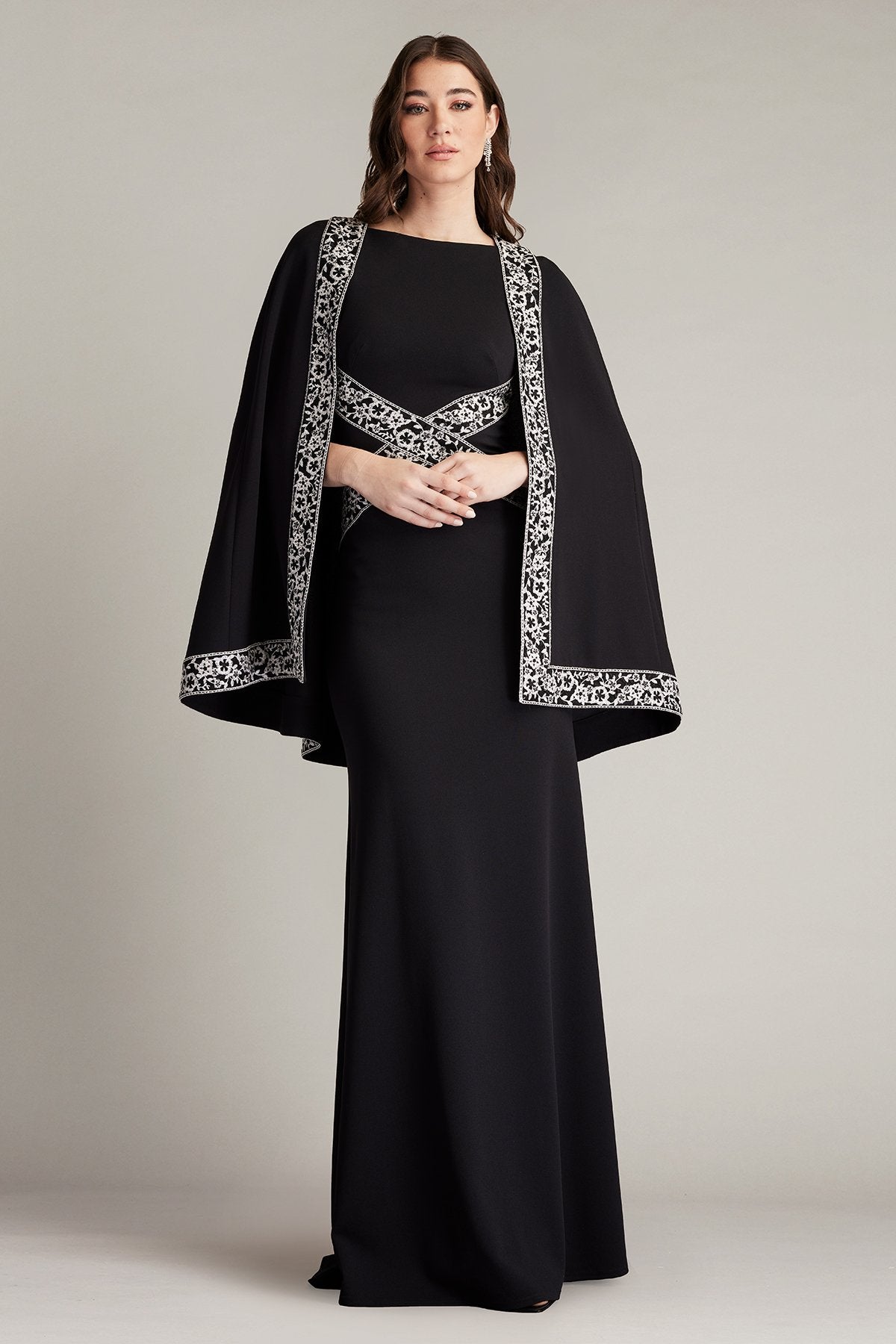 Bian Embroidered Trim Cape Gown