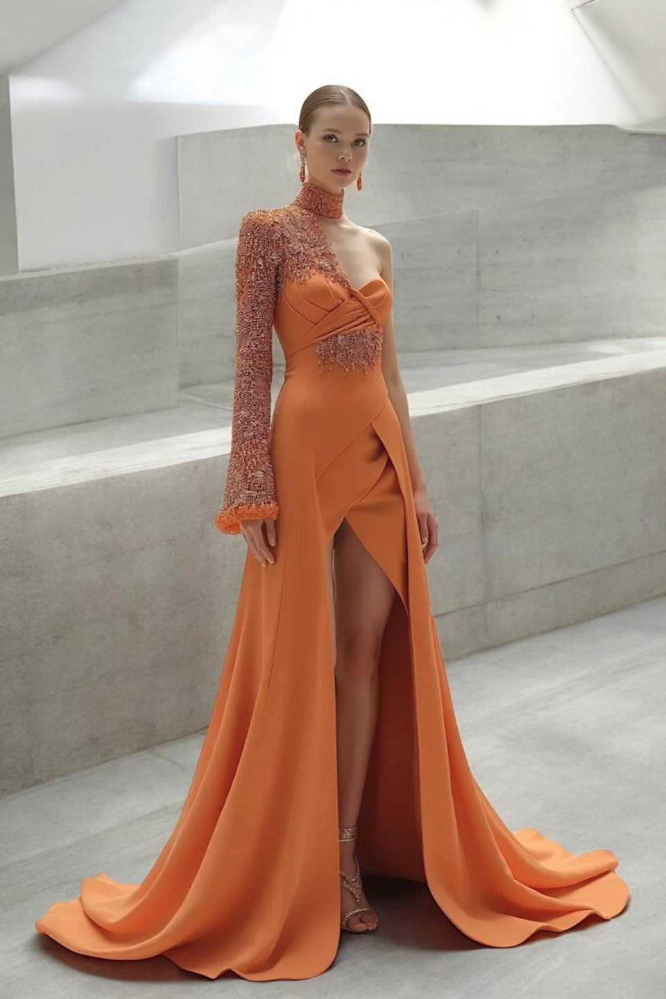 High Low Beaded Sleeve Gown