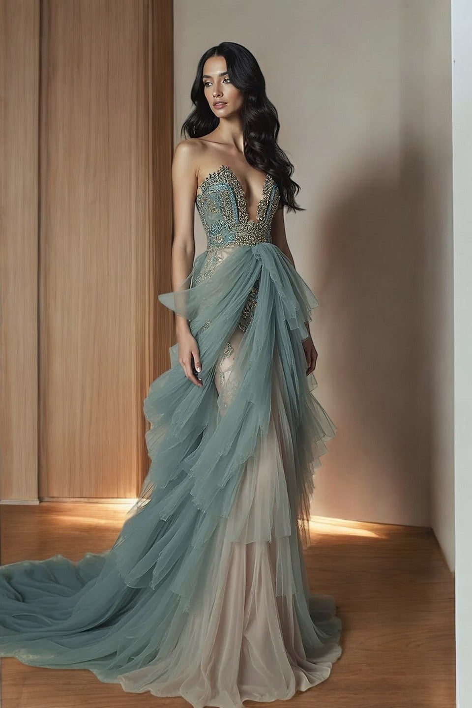 Layered Tulle Strapless Gown