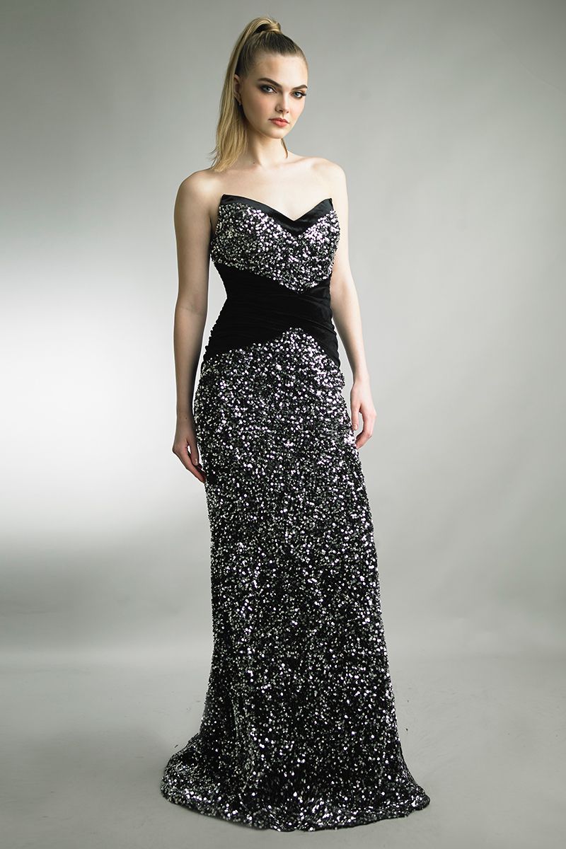 Fully Embellished Strapless Gown with Train
