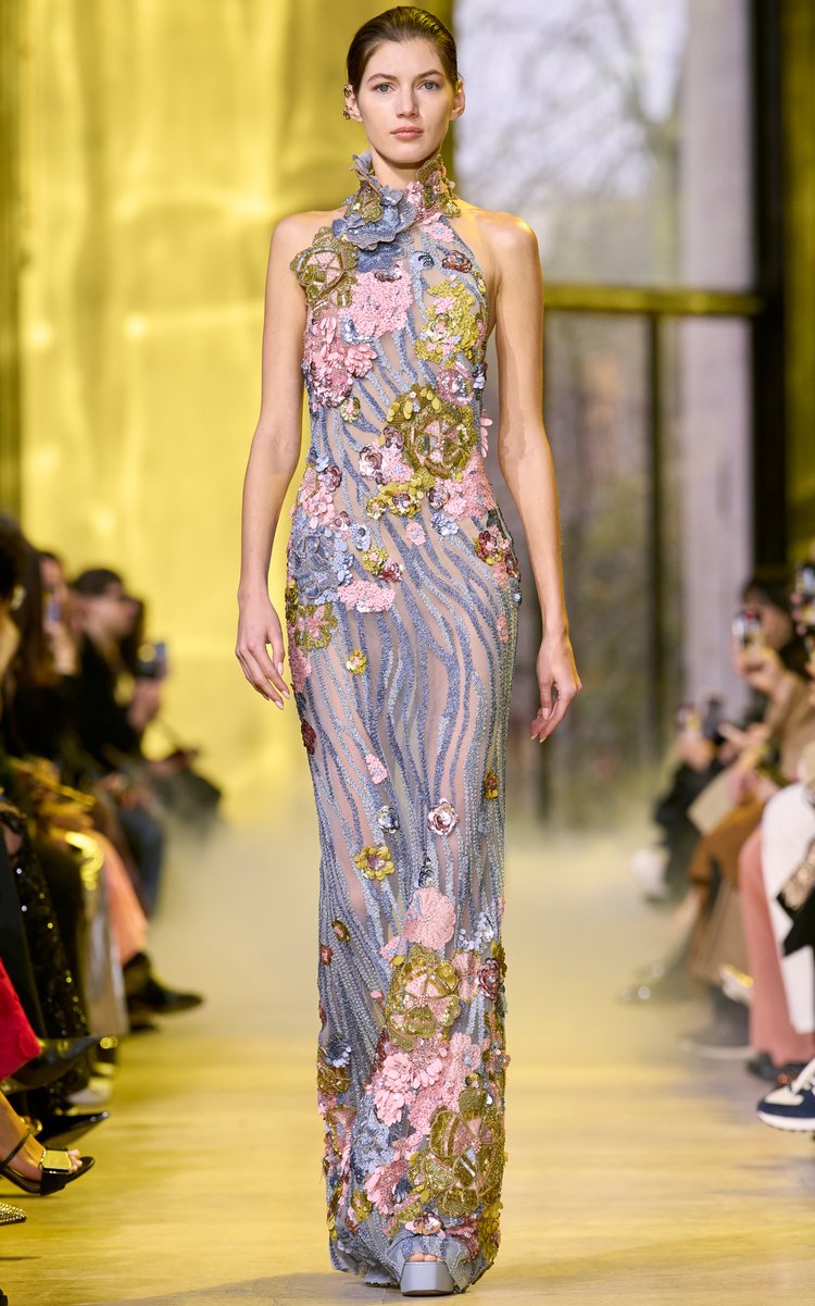 Halter Neck Embroidered Tulle Gown