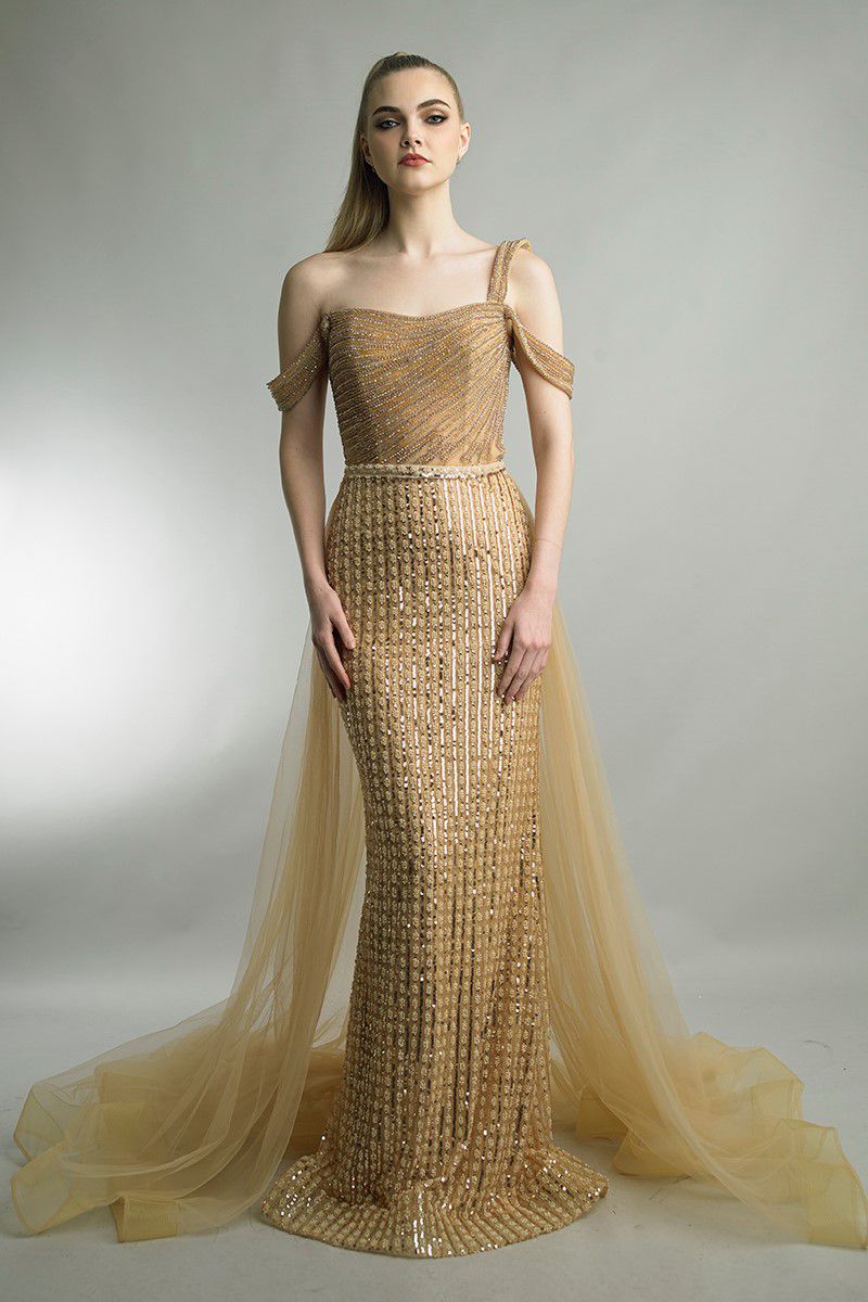 Embellished One Shoulder Draped Sleeve Gown