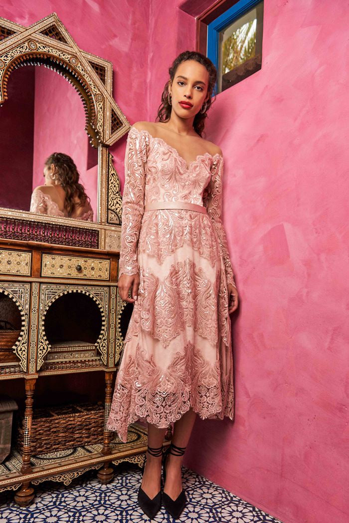 Off Shoulder Long Sleeve Midi Dress