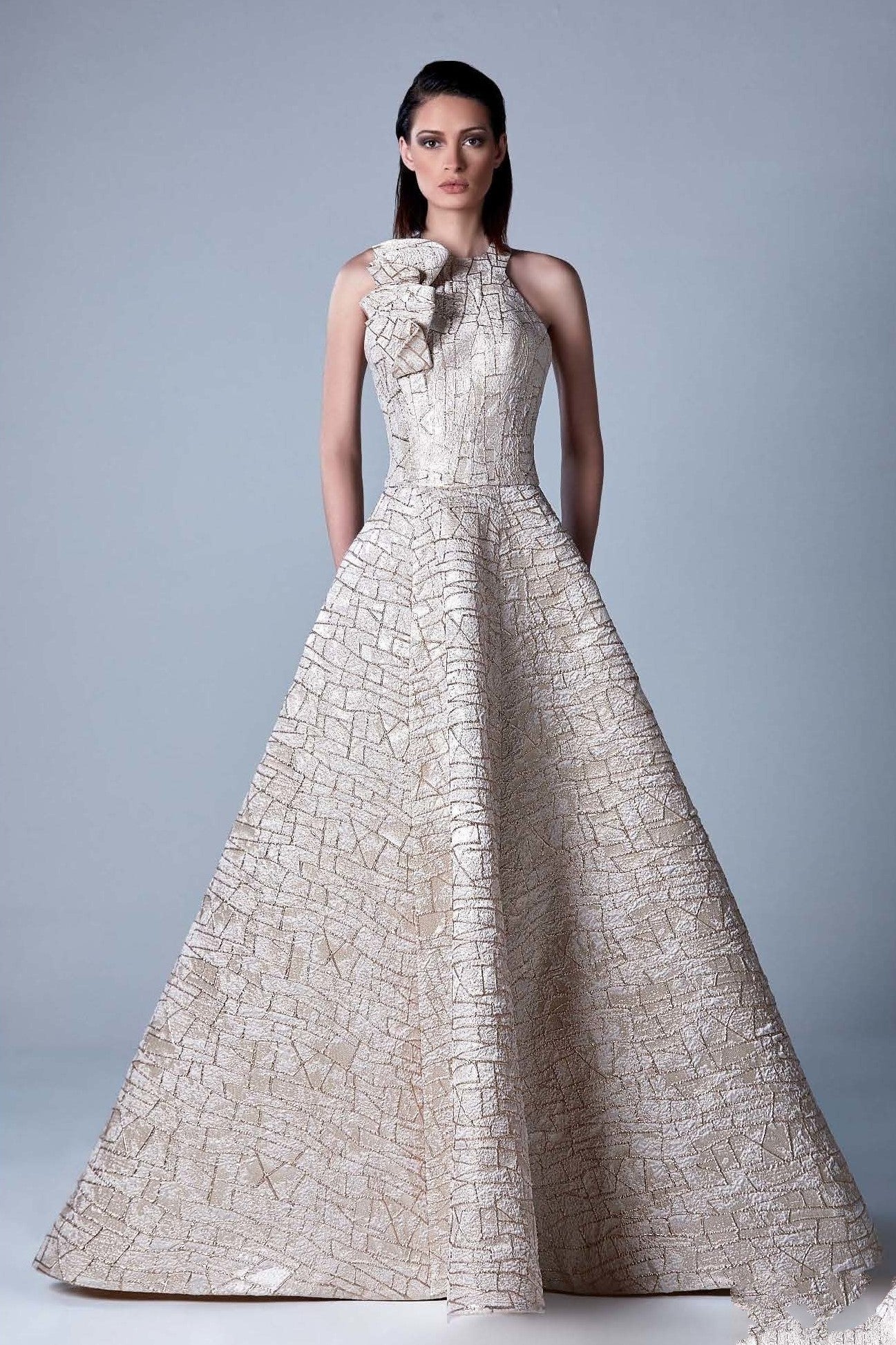 Beige Sleeveless Jacquard Gown