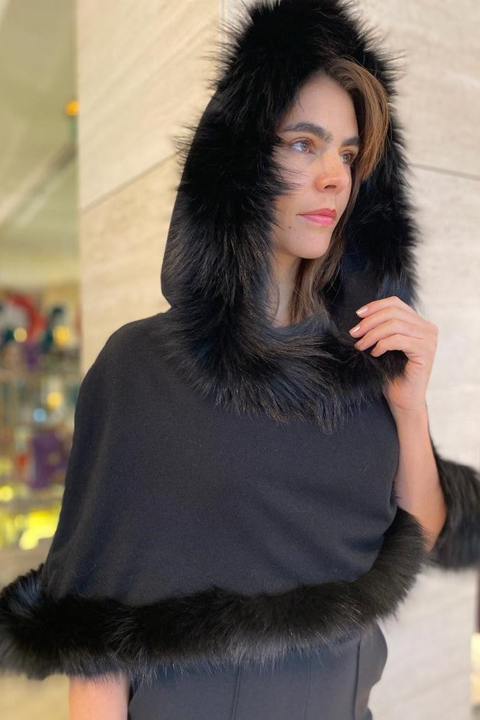 Black Wool Hood with Fox Fur