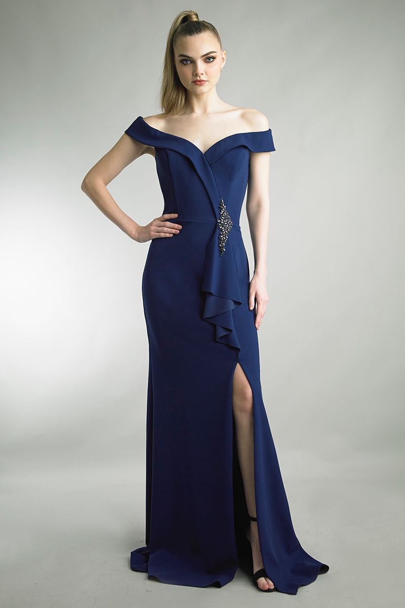 Off Shoulder Slit Gown with Train