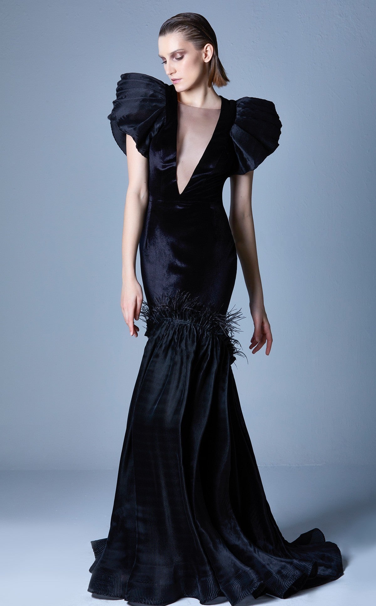 Illusion Deep V Neck Gown