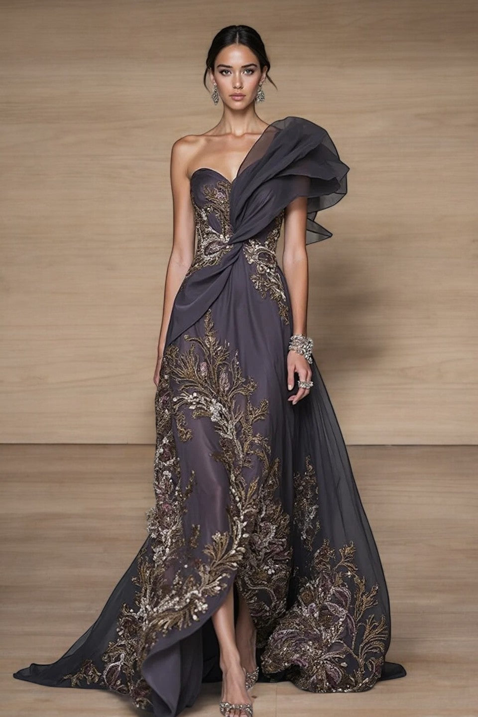 One Shoulder Sweetheart Sleeved Gown