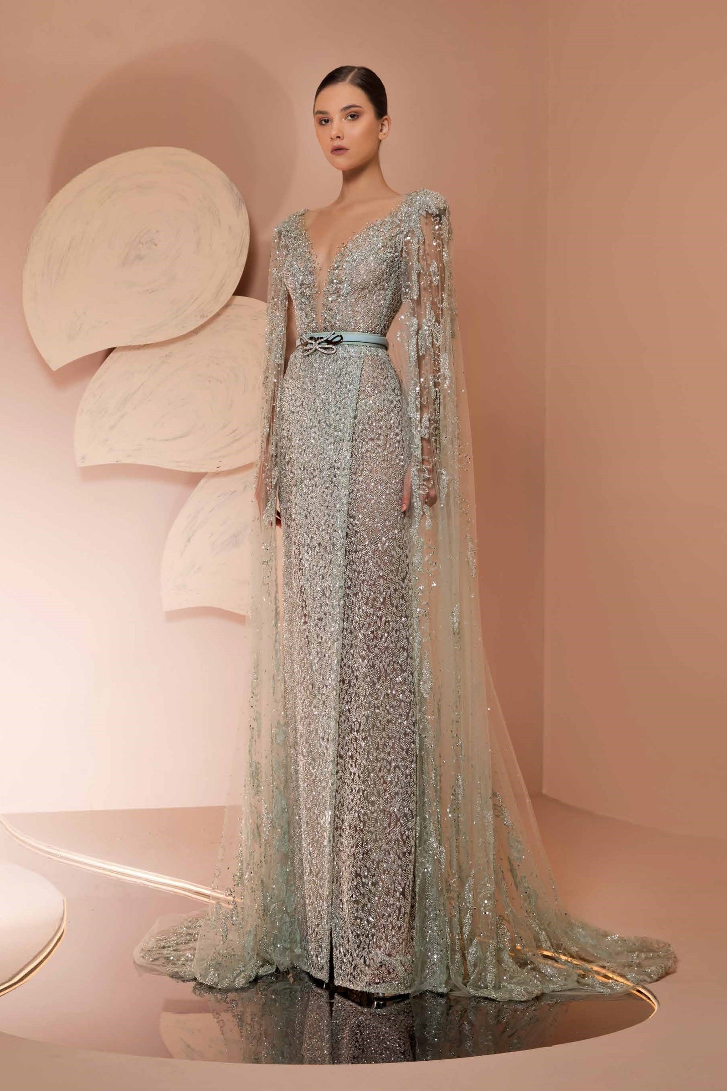 Fully Beaded Gown with Muslin Scarve