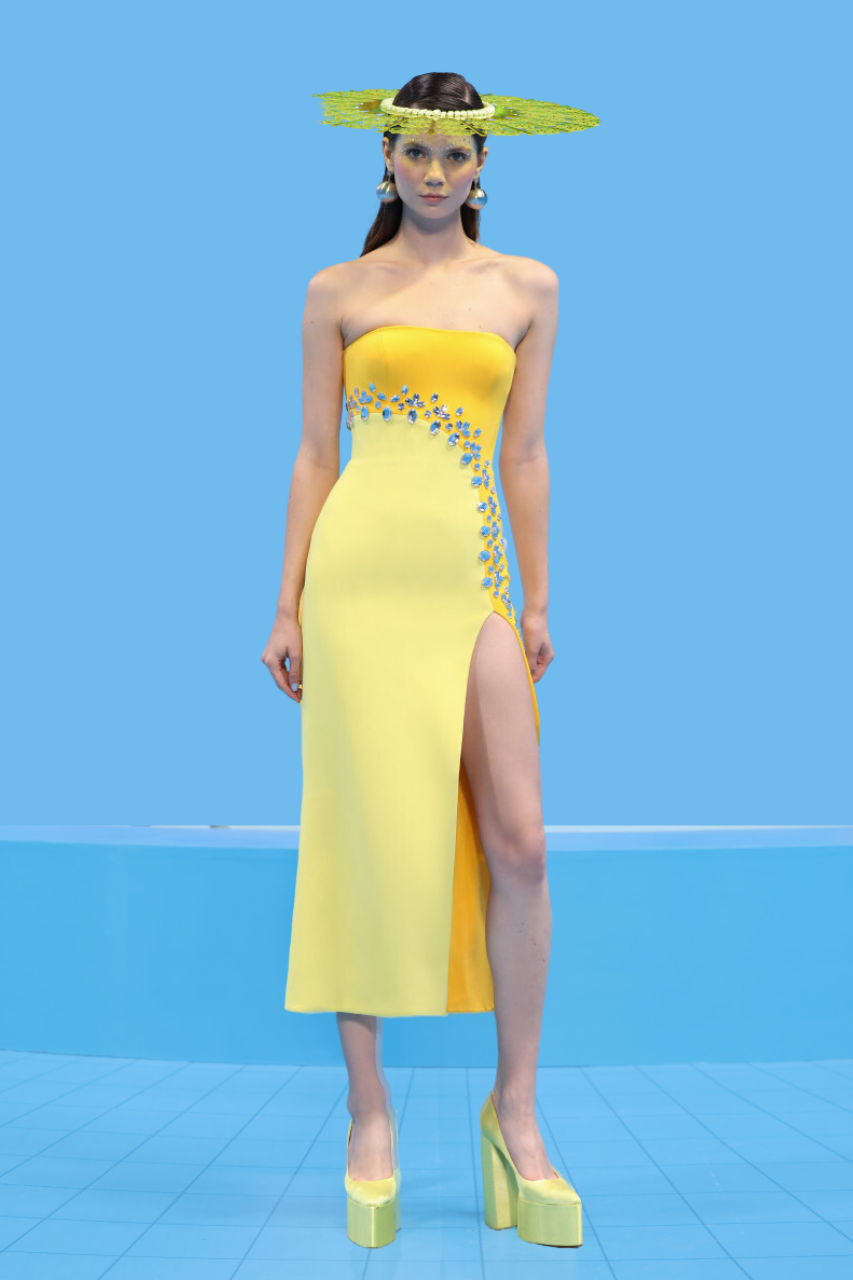 Strapless Slit Midi Dress