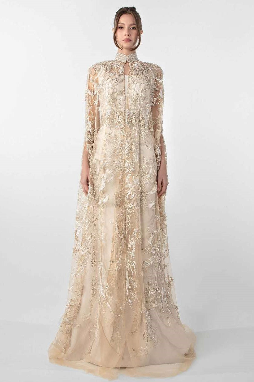 Crepe Gown with Embroidered-Cape