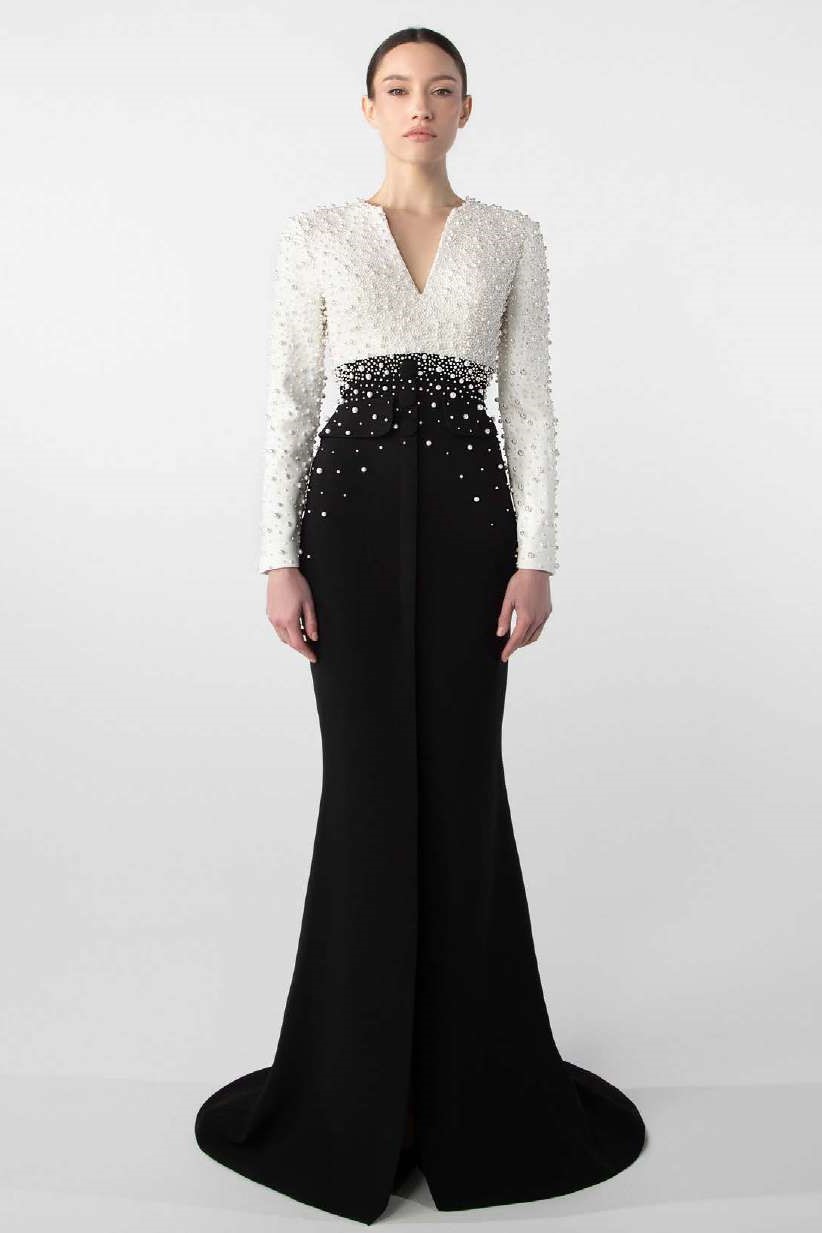 Pearl-Embroidered Crepe Gown