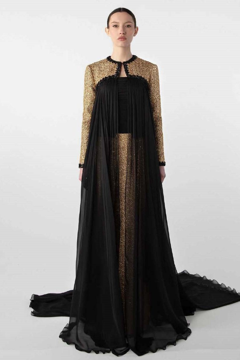 Strapless Tweed and Chiffon Gown with Jacket