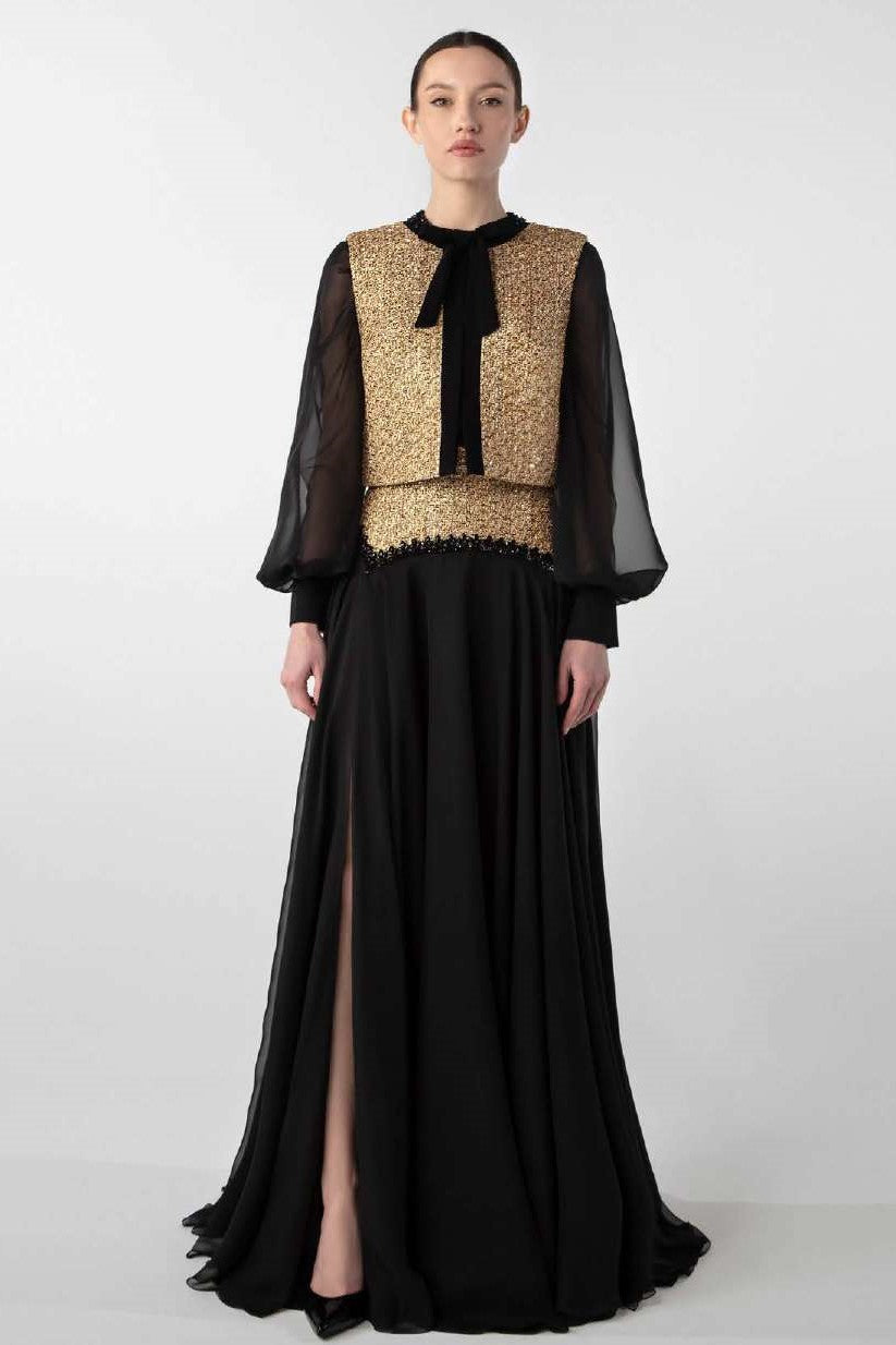 3-Piece Tweed and Chiffon Gown