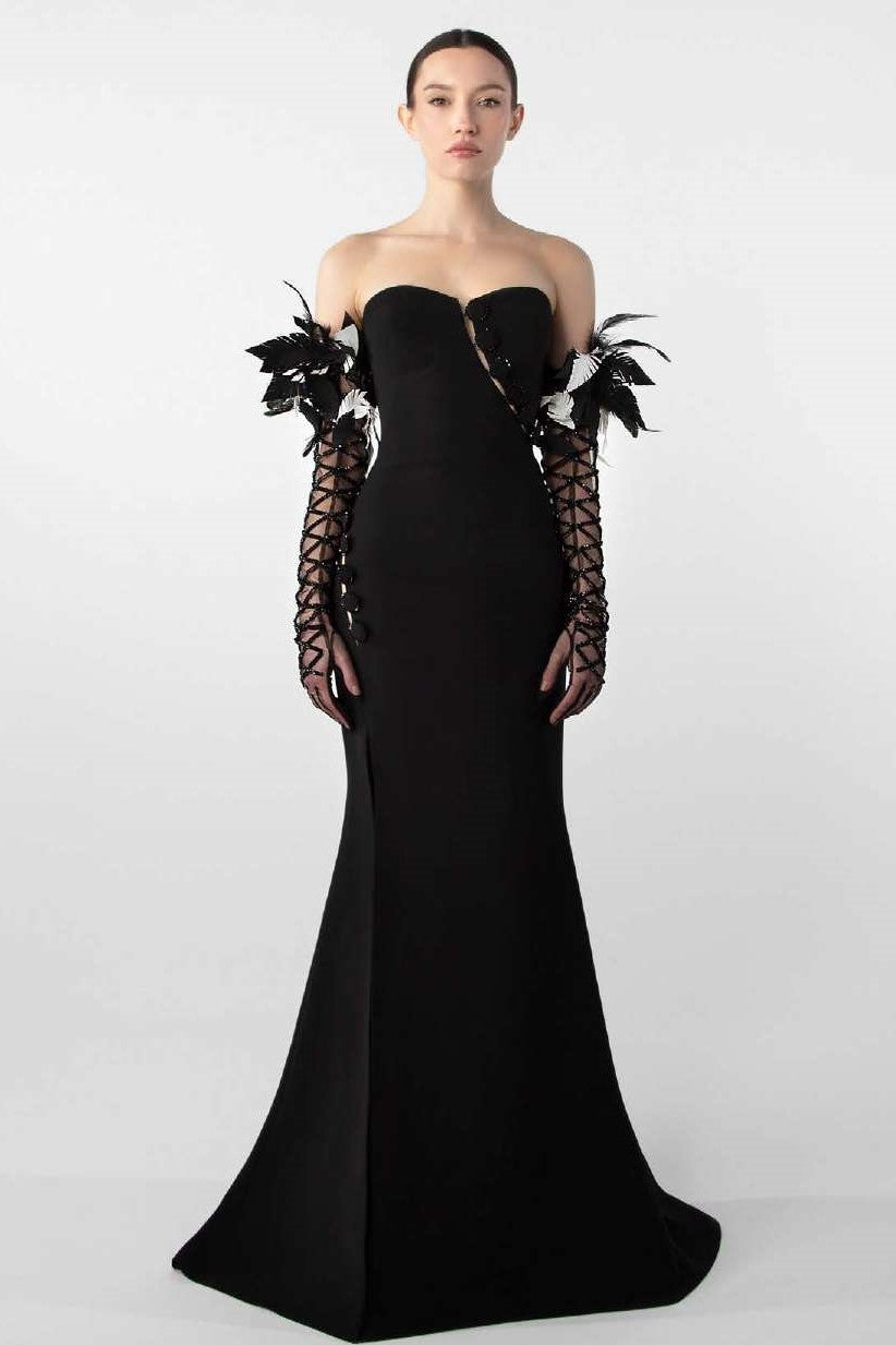 Feather-Embellished Crepe Gown