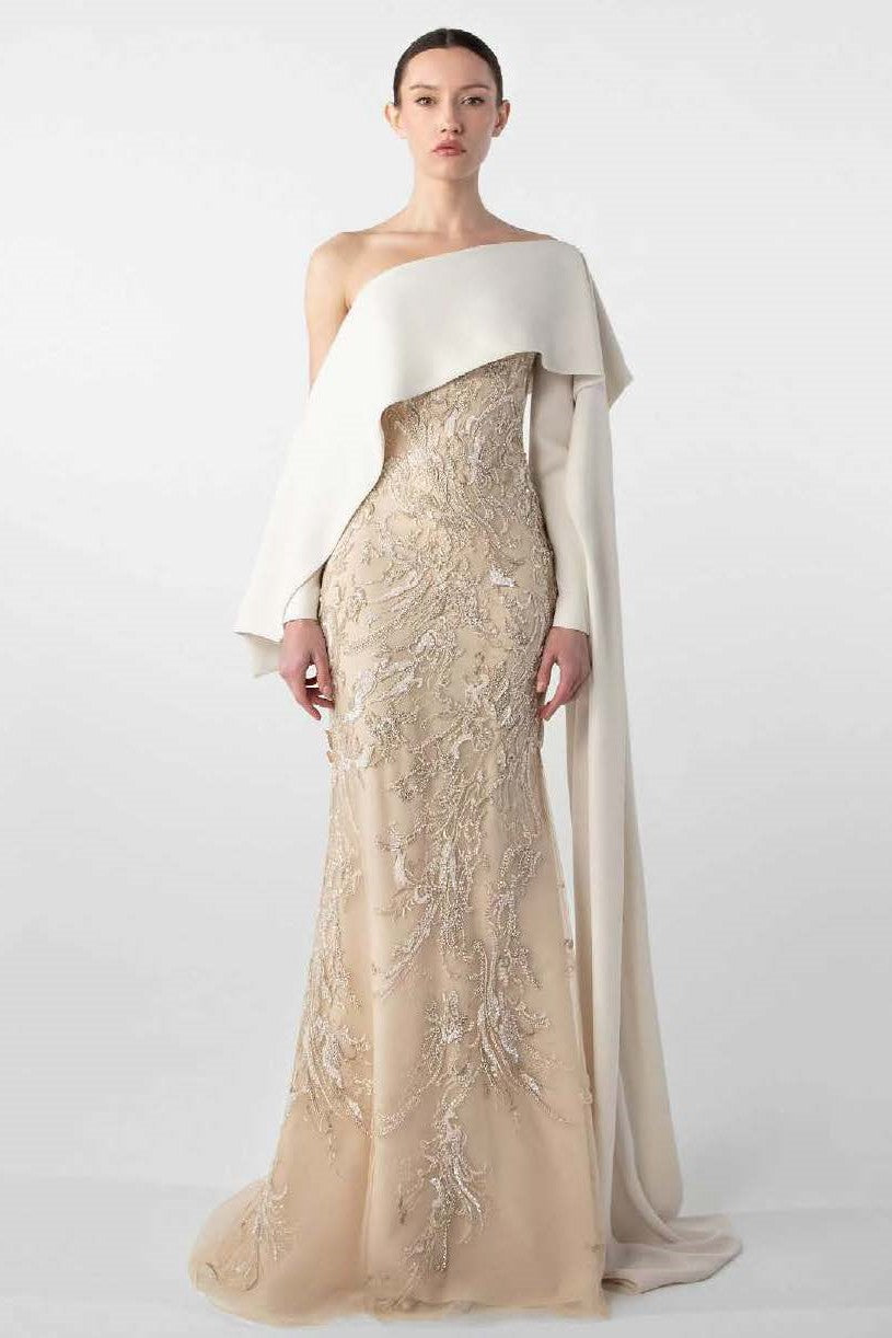 Draped Sleeve Embroidered Gown