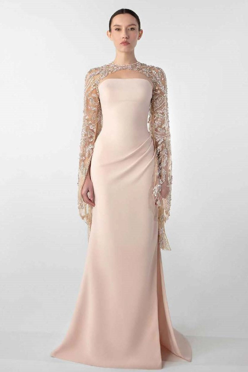 Crepe Gown with Embroidered-Bolero
