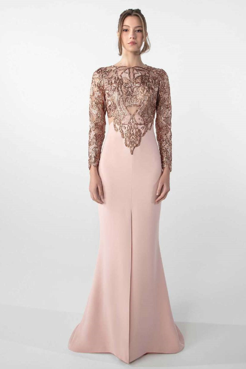 Sheer Embroidered Crepe Gown