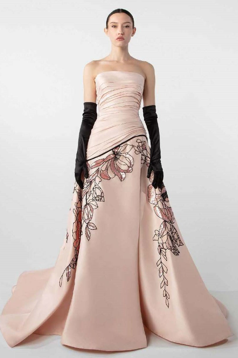 Embroidered Skirt Strapless Gown
