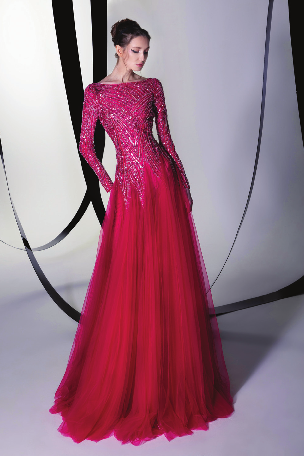 Beaded Tulle Long Sleeve Gown