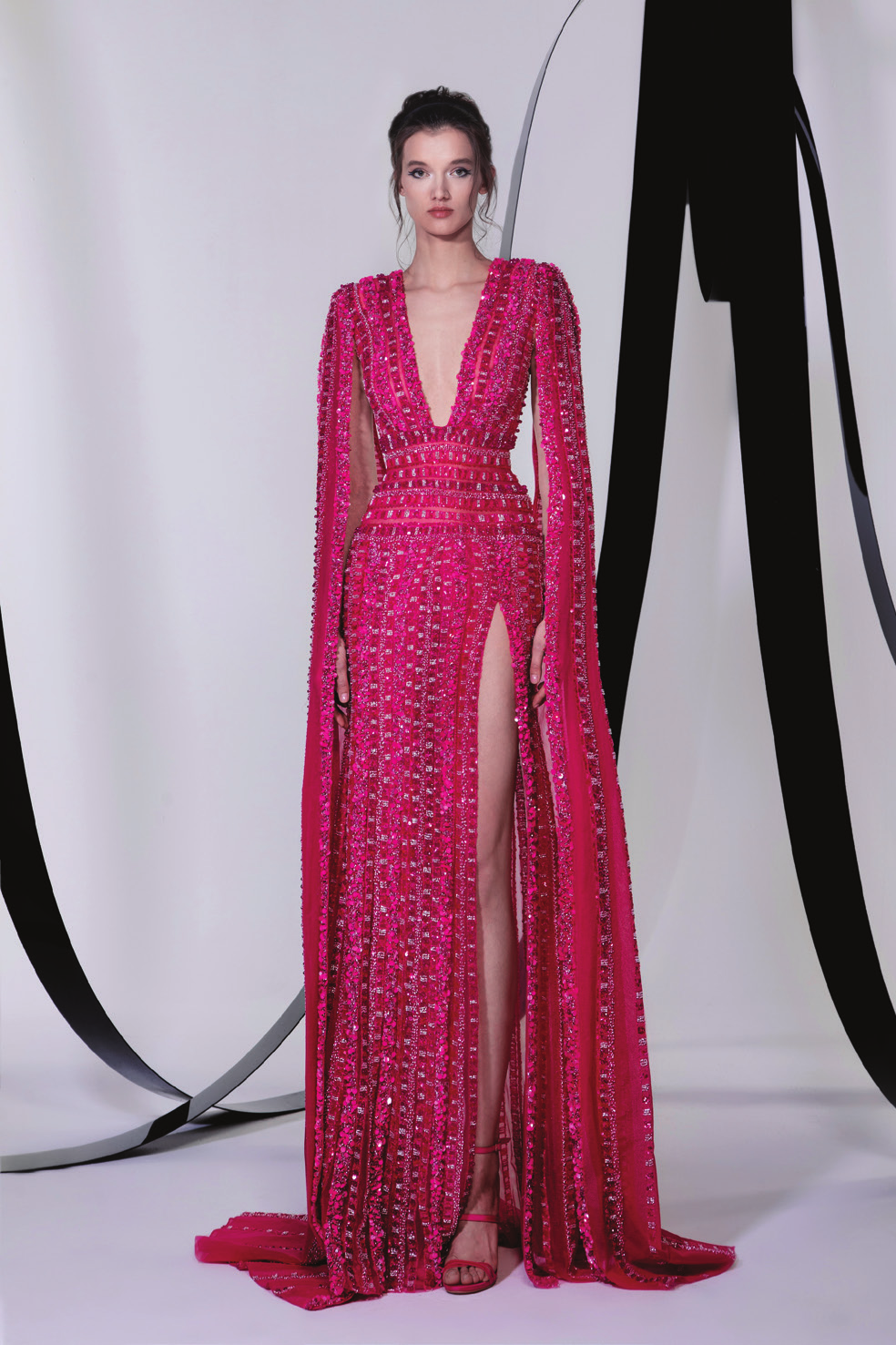 Embroidered Cape Sleeve Slit Gown