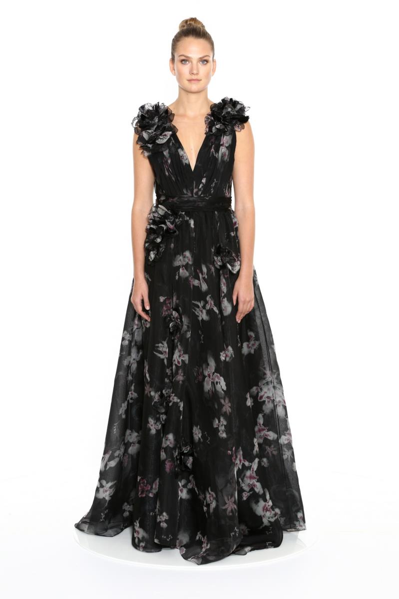 Abstract Floral Printed Organza Gown