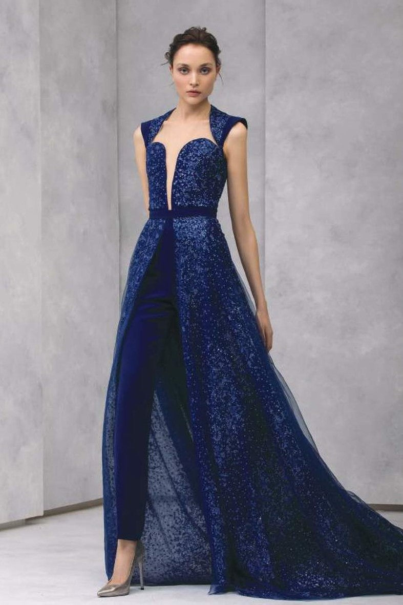 Deep V-Neck Cap Sleeve Crepe Jumpsuit