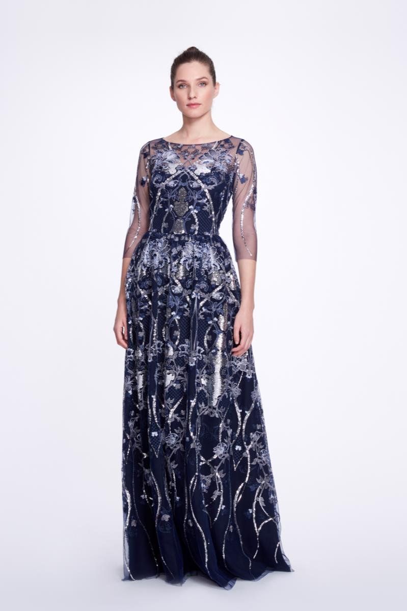 ? Sleeve Boat Neck Sequin Embroidered Tulle Gown