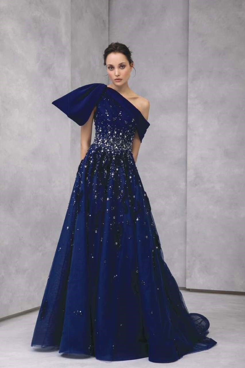 Hand-Embroidered Asymmetrical Neck Gown