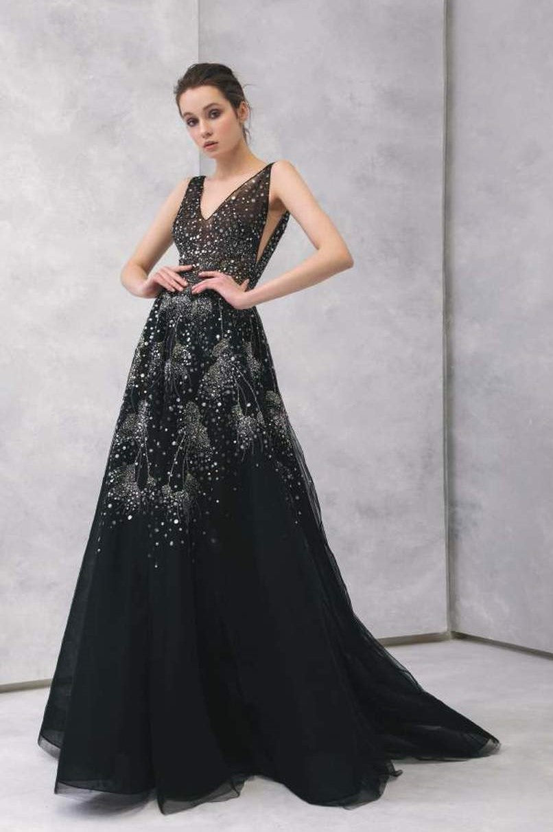 Embroidered V Neck Sleeveless Gown