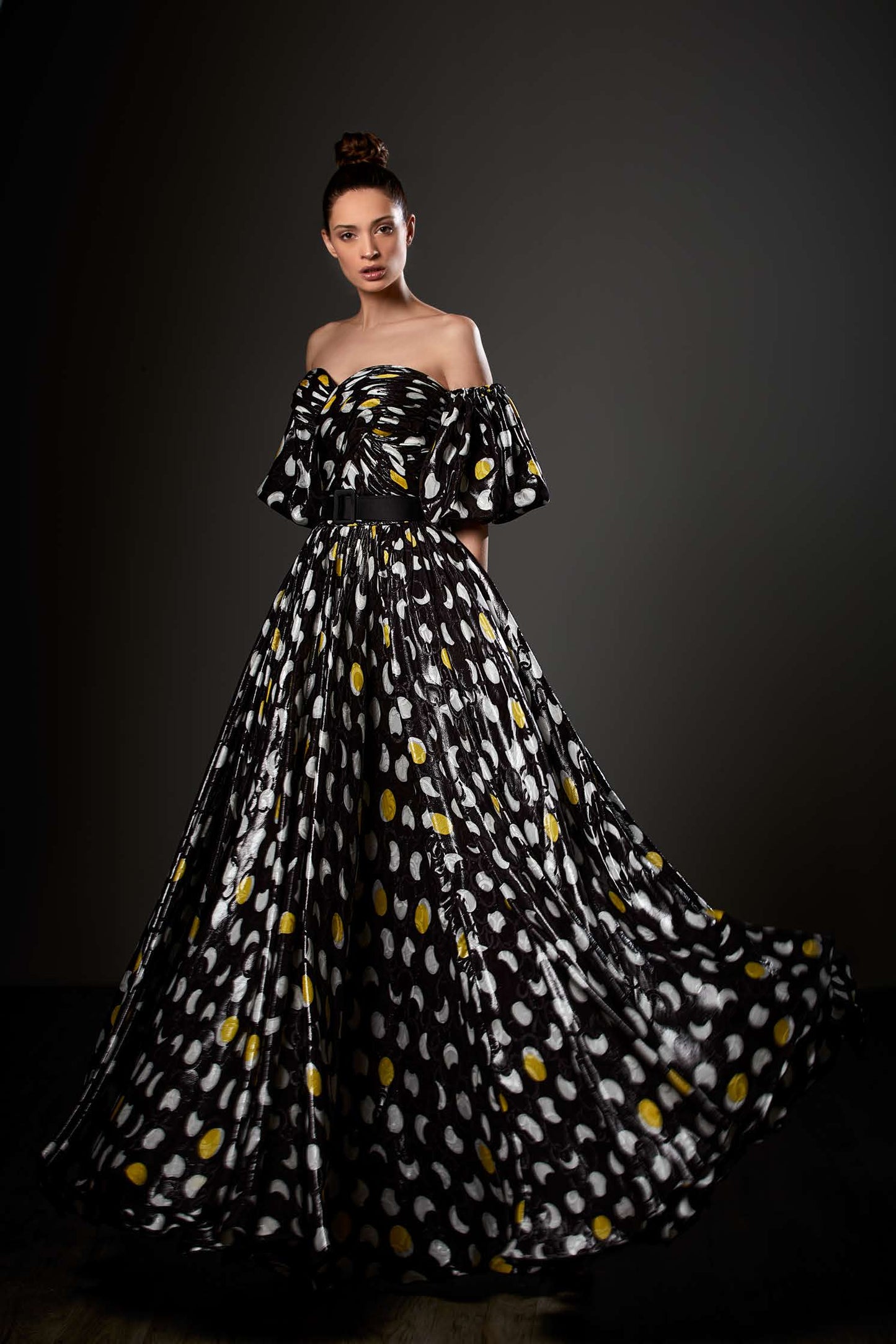 Off Shoulder Organza Print A-Line Gown