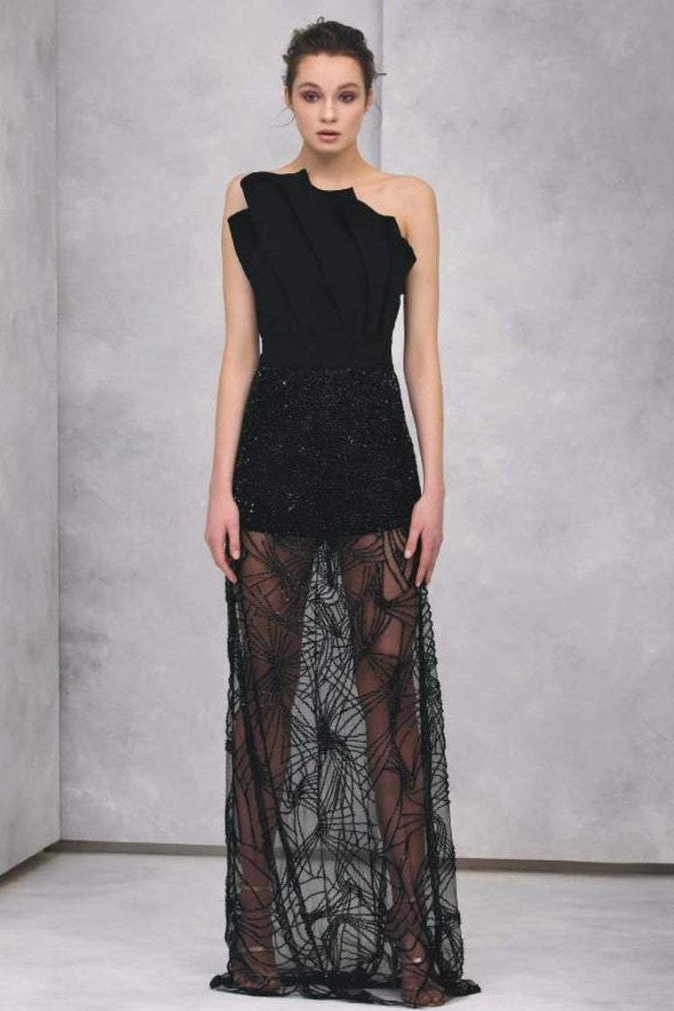 Strapless Pleated Crepe Crystal Beaded Gown