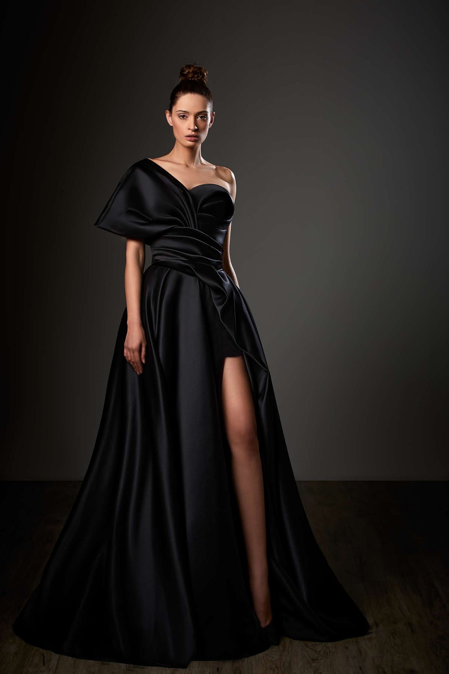 One Shoulder Gathered Slit Satin Gown
