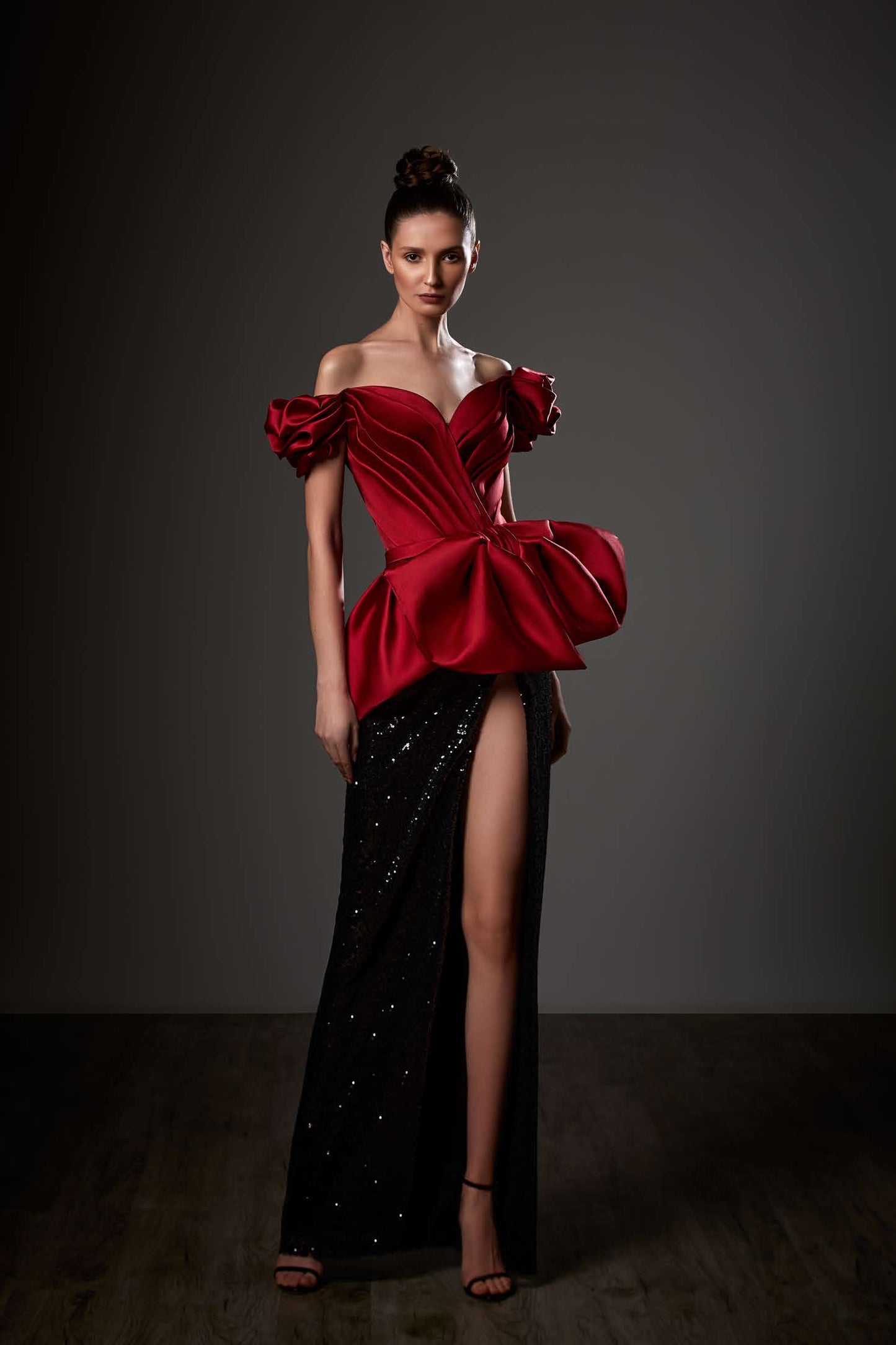 Off Shoulder Peplum Slit Gown