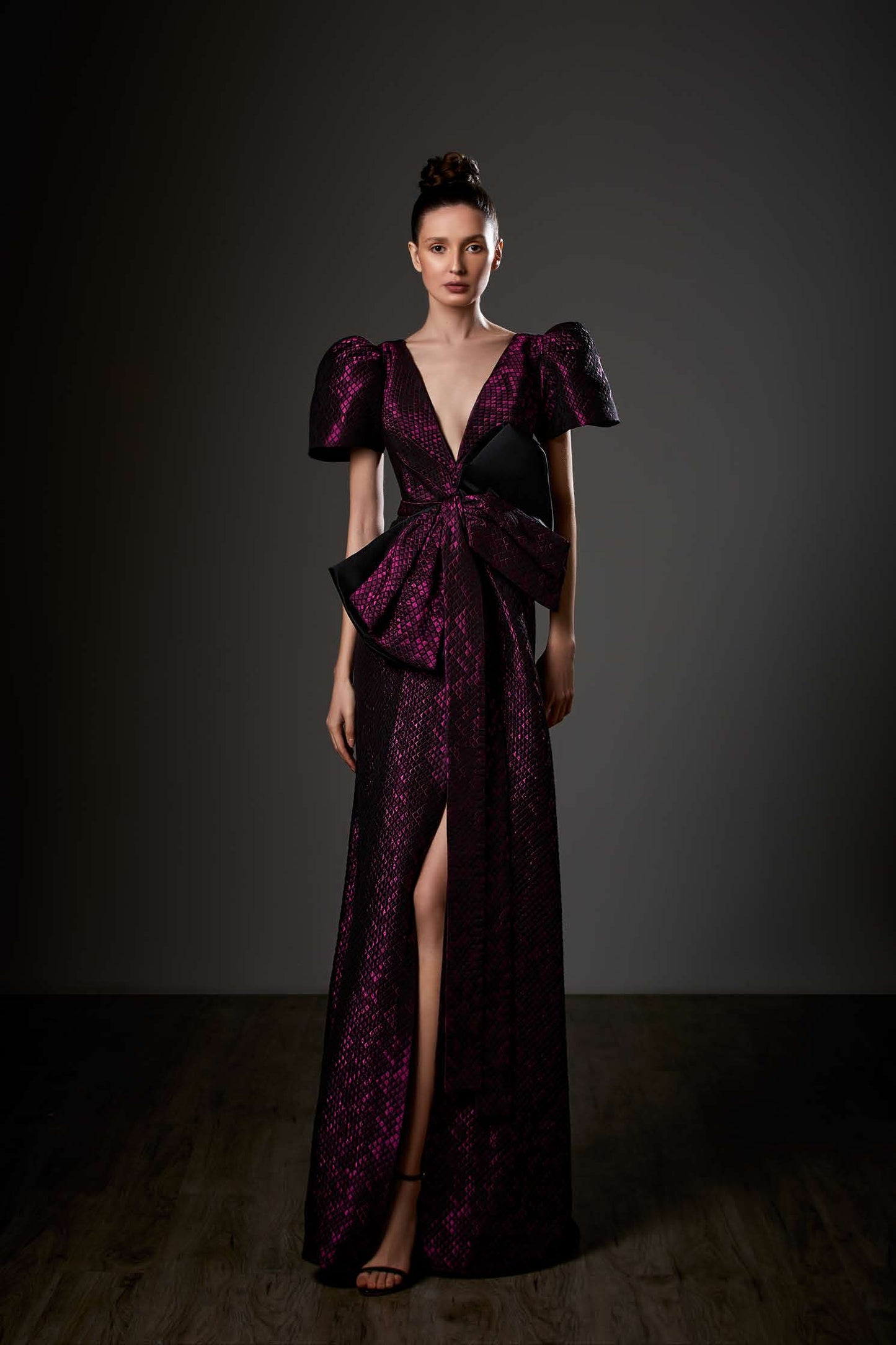 Brocade Short Puff Sleeve Slit Gown