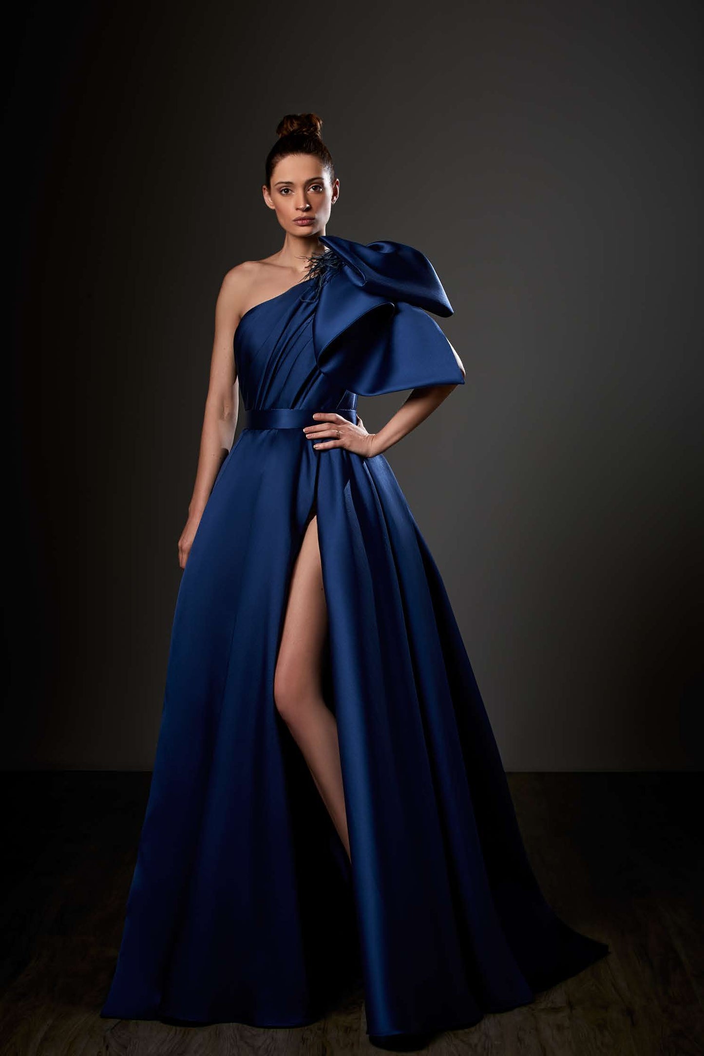 Sculpted Micado One Shoulder Slit Gown