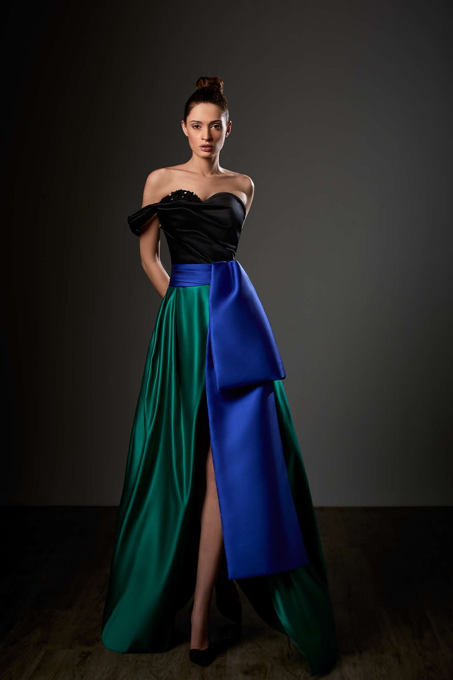 One Shoulder Satin Drape Slit Gown