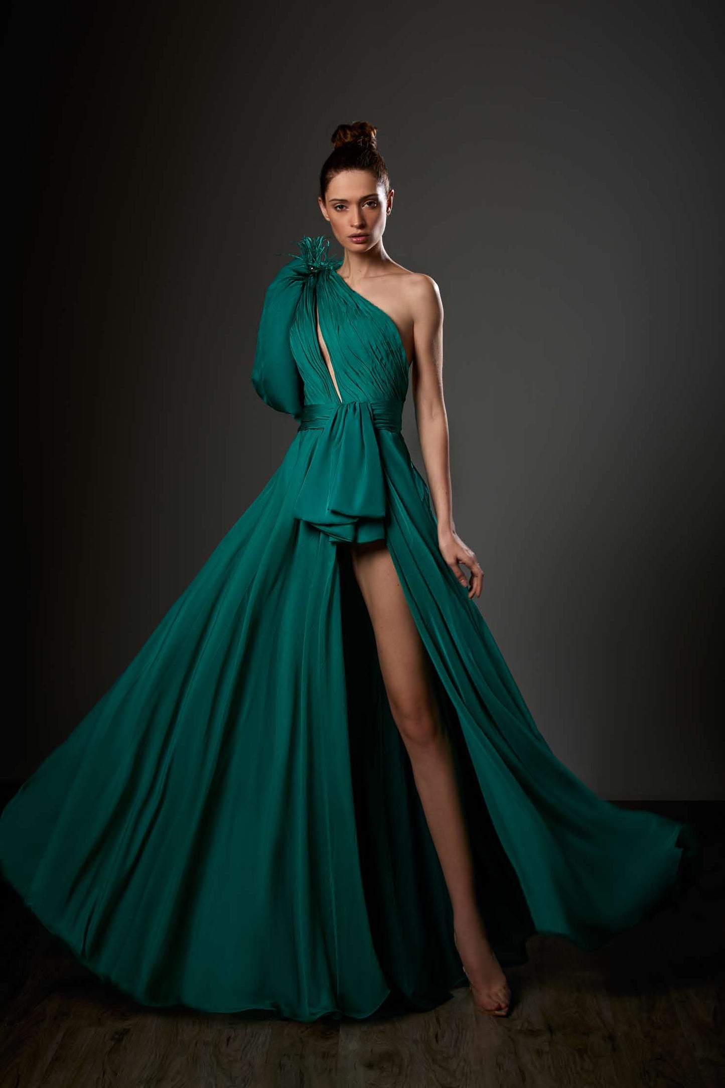 Chiffon Ruched One Shoulder Slit Gown