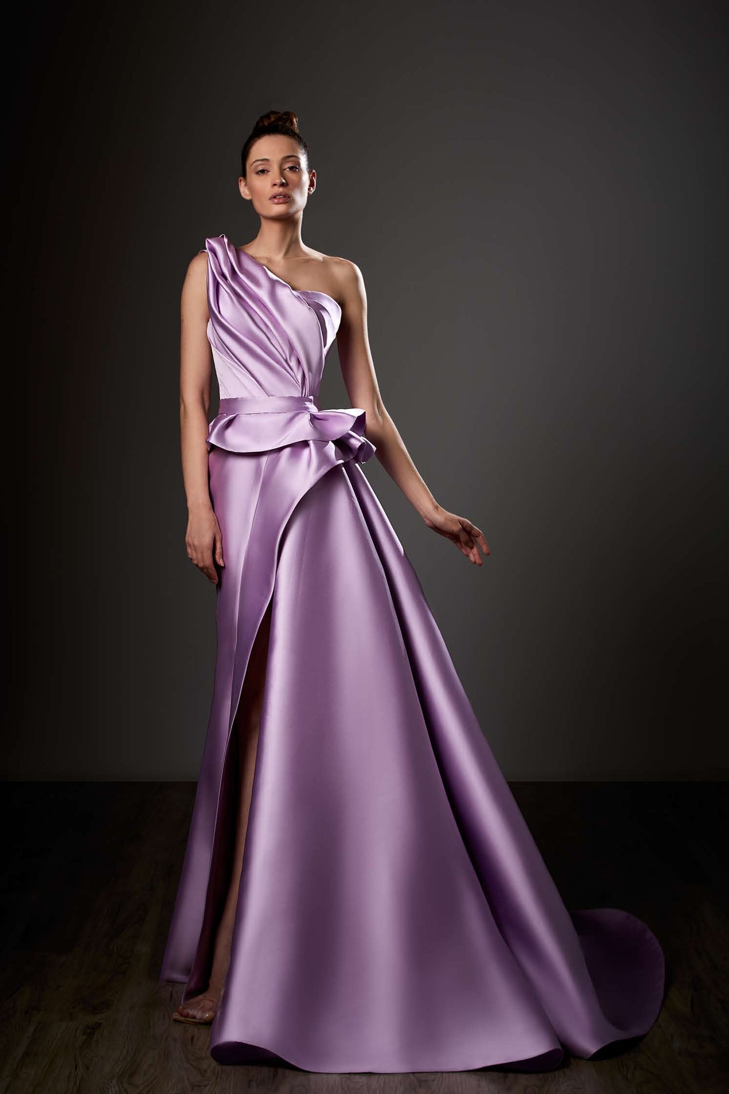 Micado One Shoulder Side Slit Gown