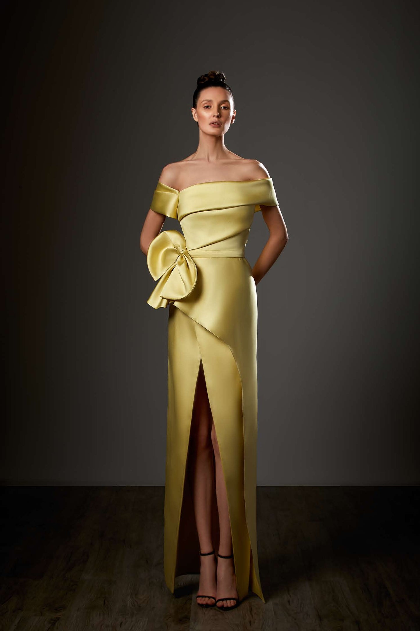 Banded Sleeve Mikado Column Slit Gown