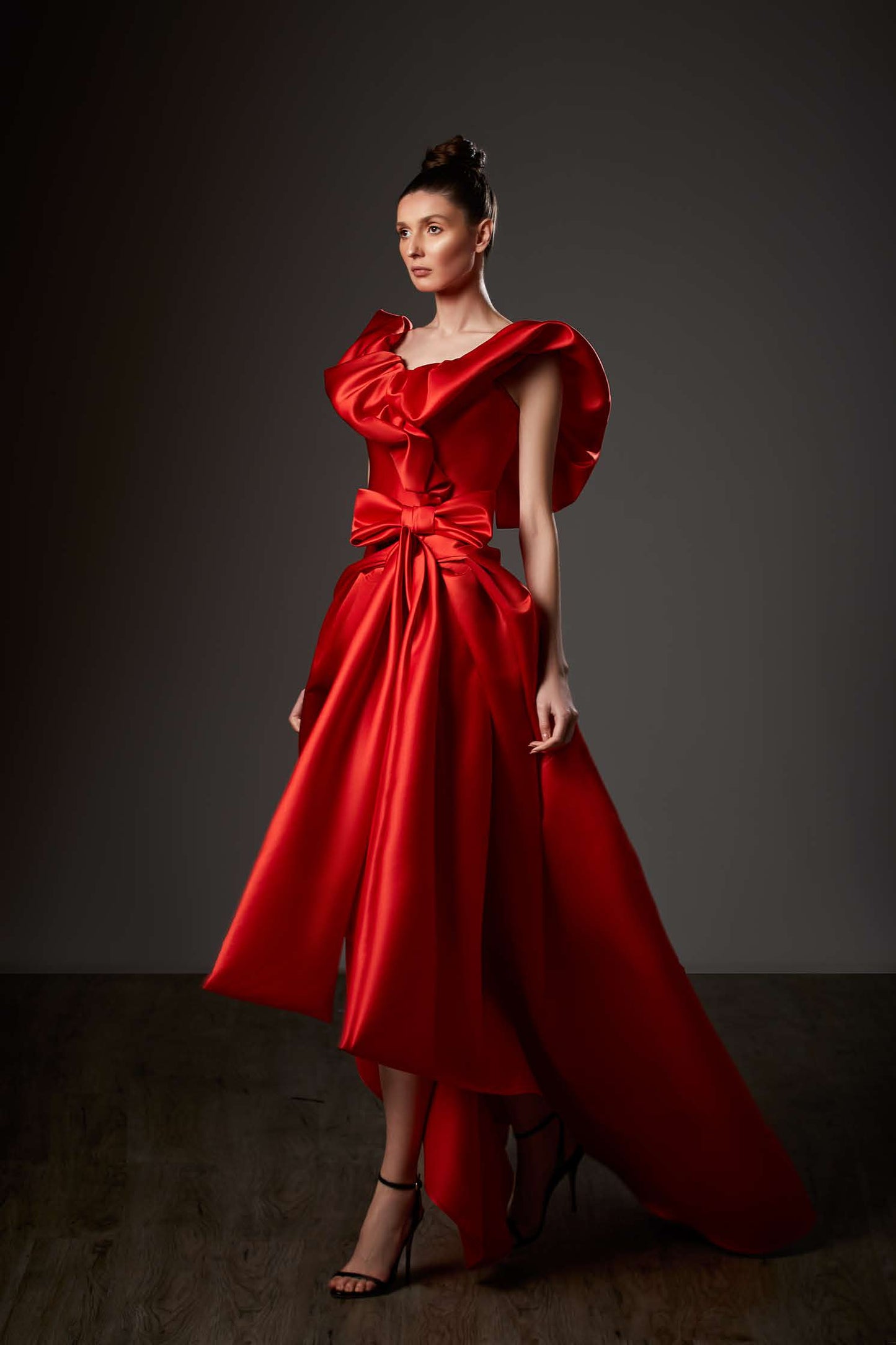 Ruffled Neck High_Low  Satin Gown