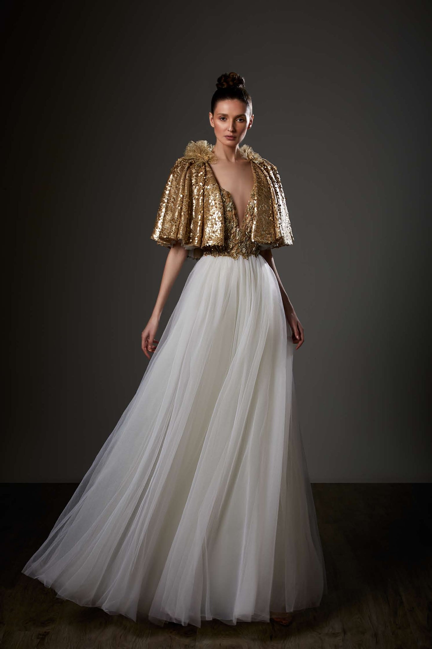 Short Sleeve Pleated A-Line Gown with Cape Jacket