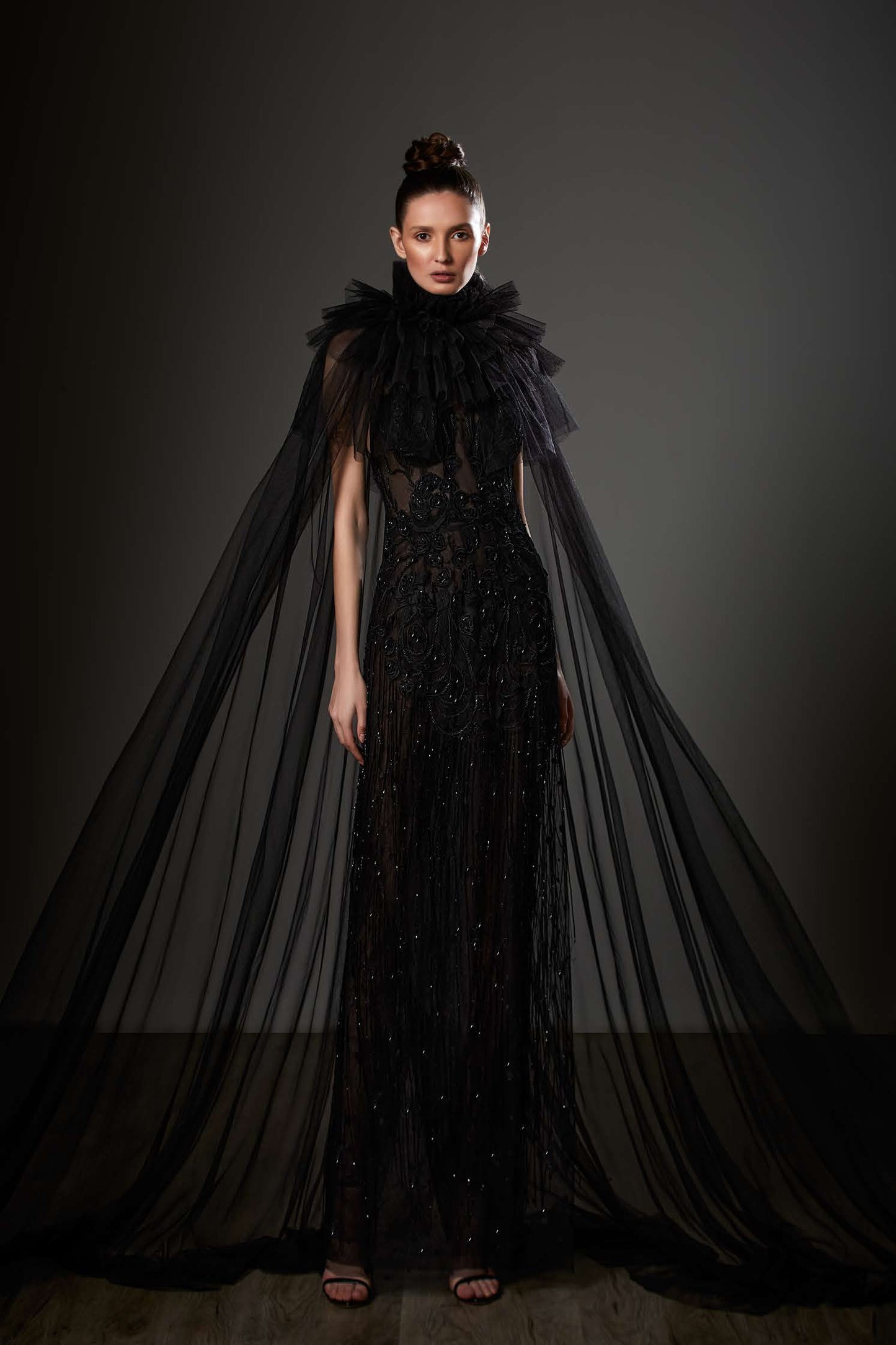 High Neck Cape Sleeve Column Gown