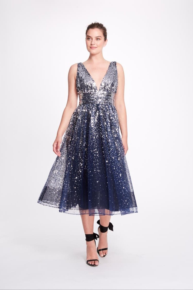 V-Neck Sequin Degradé Tea-Length Gown