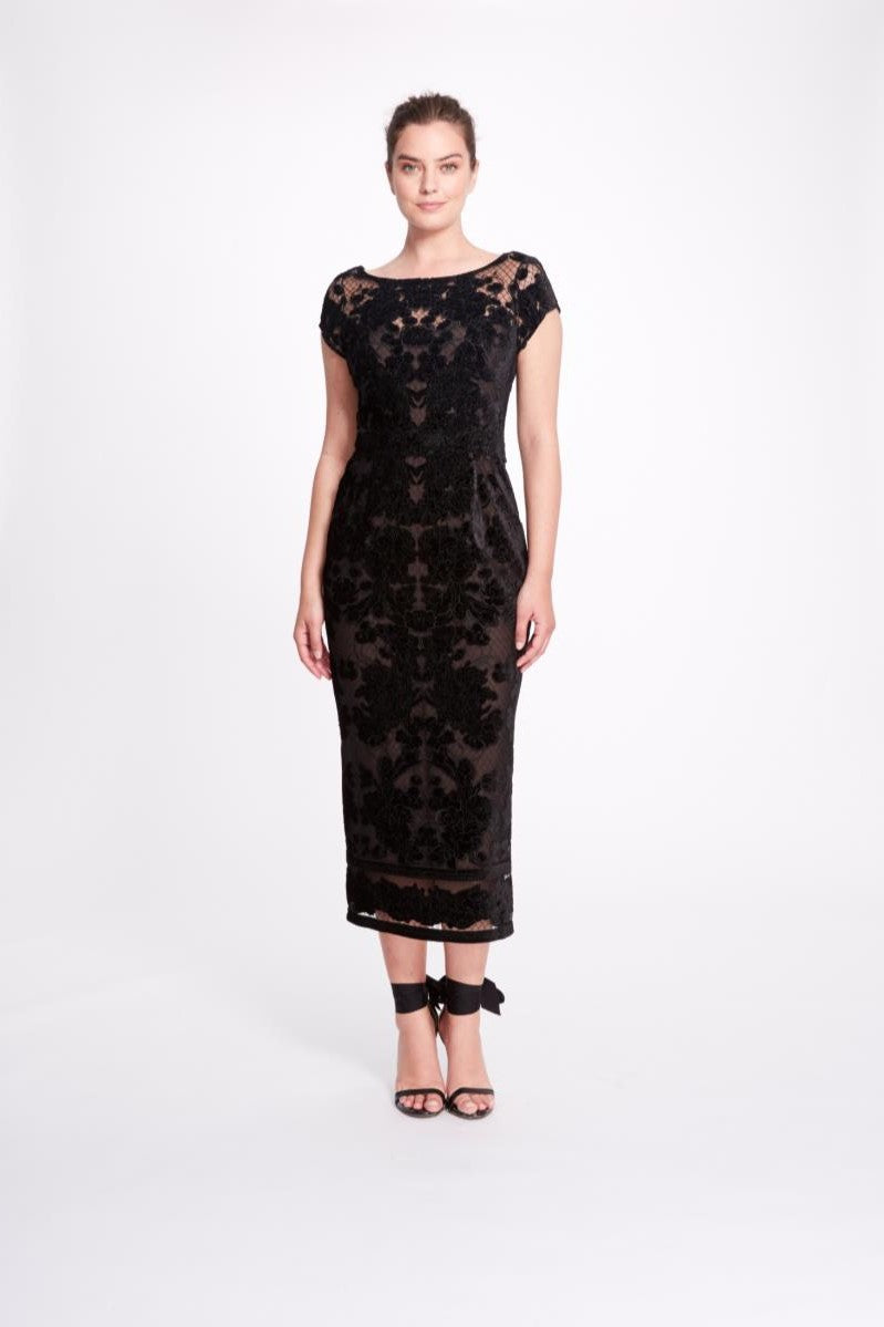 Cap Sleeve Velvet Cutwork Tea-Length Dress